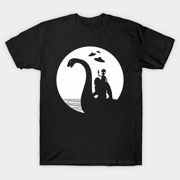 Bigfoot Riding Loch Ness Monster Funny Alien T-Shirt by Tesszero